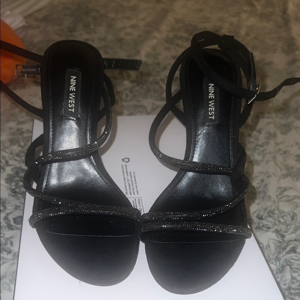 Nine West Black Glitter Strappy Heels - Picture 1 of 5